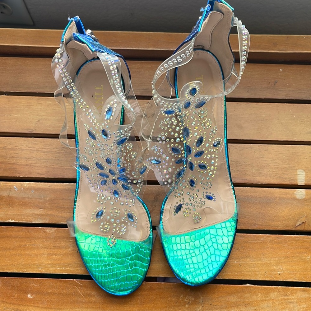 Fluorescent Blue Chunky Heels with Rhinestones
